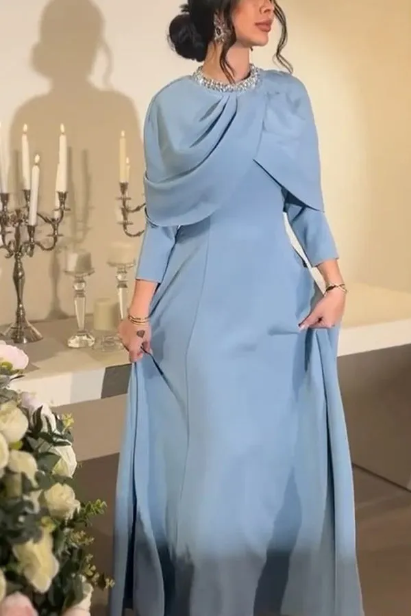 Stunning Pearl Decor 3/4 Sleeve Ruched Gown
