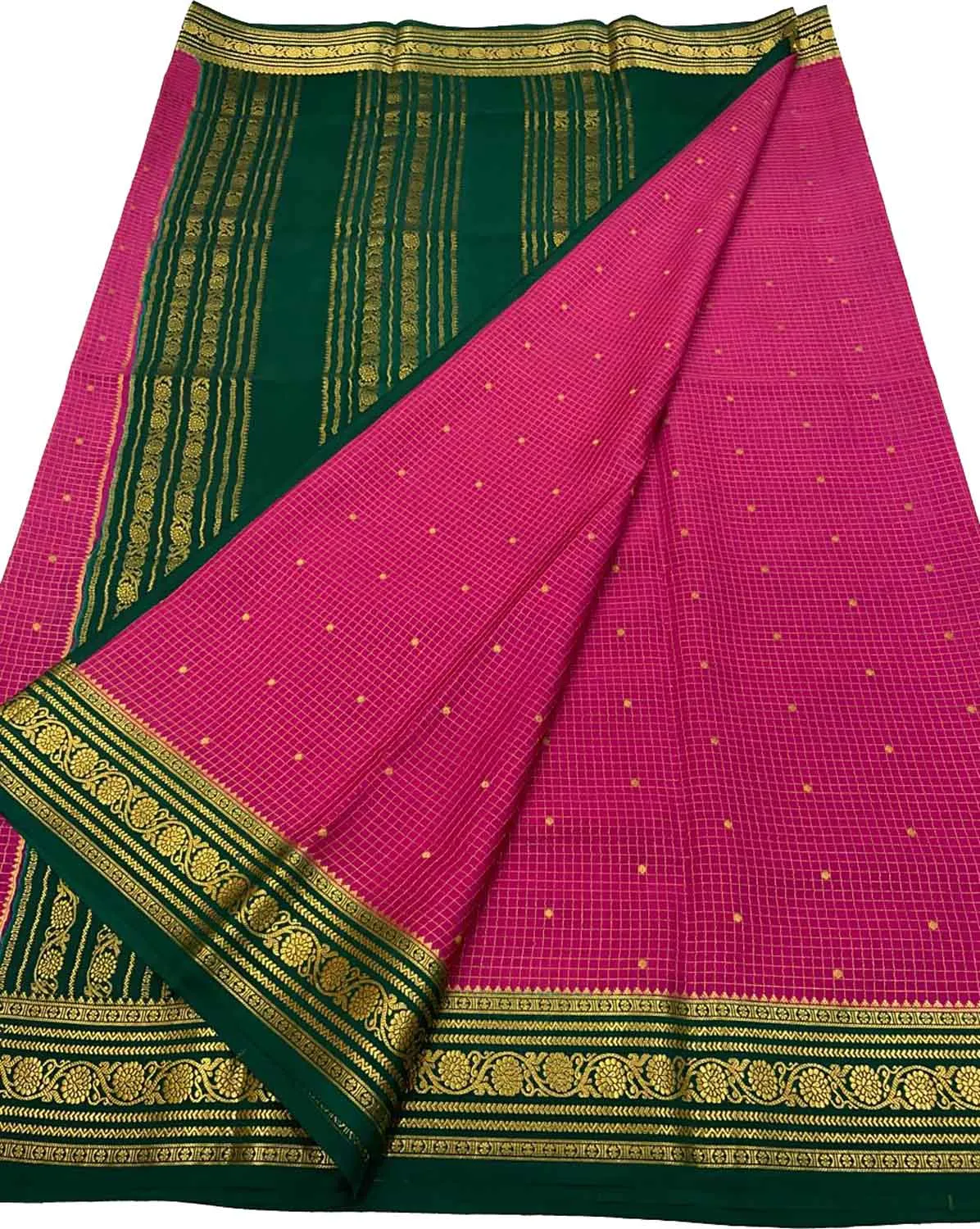 Stunning Pink & Green Mysore Silk Saree - Handloom Crepe