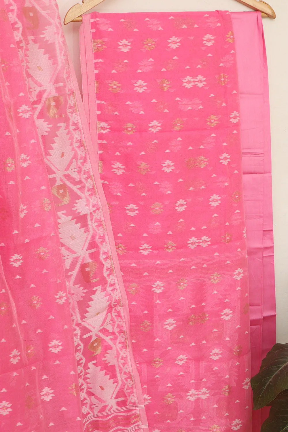 Stunning Pink Jamdani Cotton Silk Suit Set