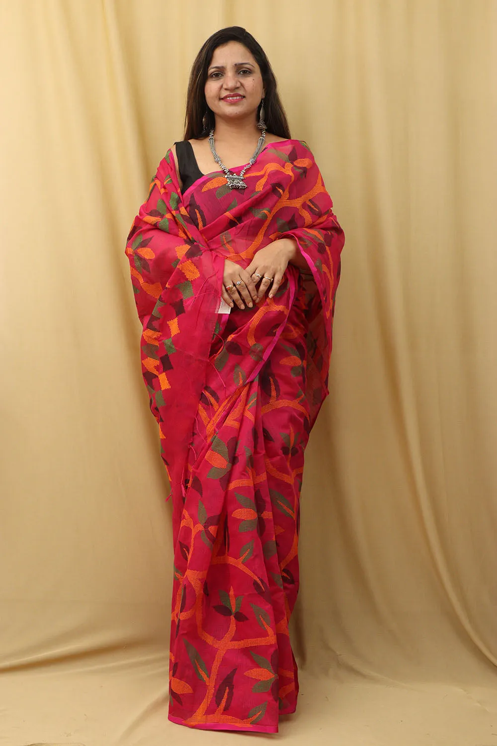 Stunning Pink Jamdani Print Tussar Silk Saree
