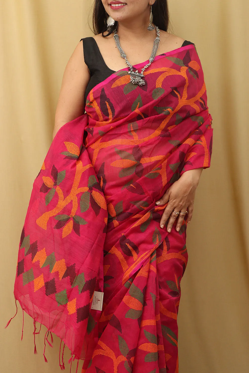 Stunning Pink Jamdani Print Tussar Silk Saree