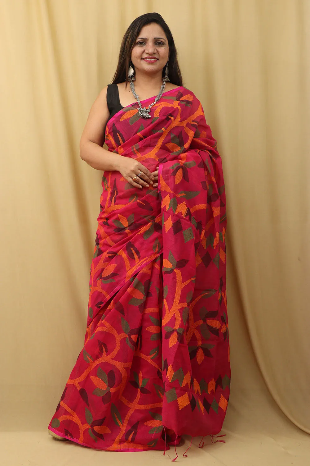 Stunning Pink Jamdani Print Tussar Silk Saree