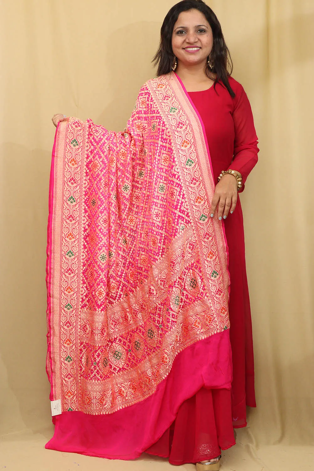 Stunning Pink Shaded Banarasi Bandhani Pure Georgette Meenakari Dupatta