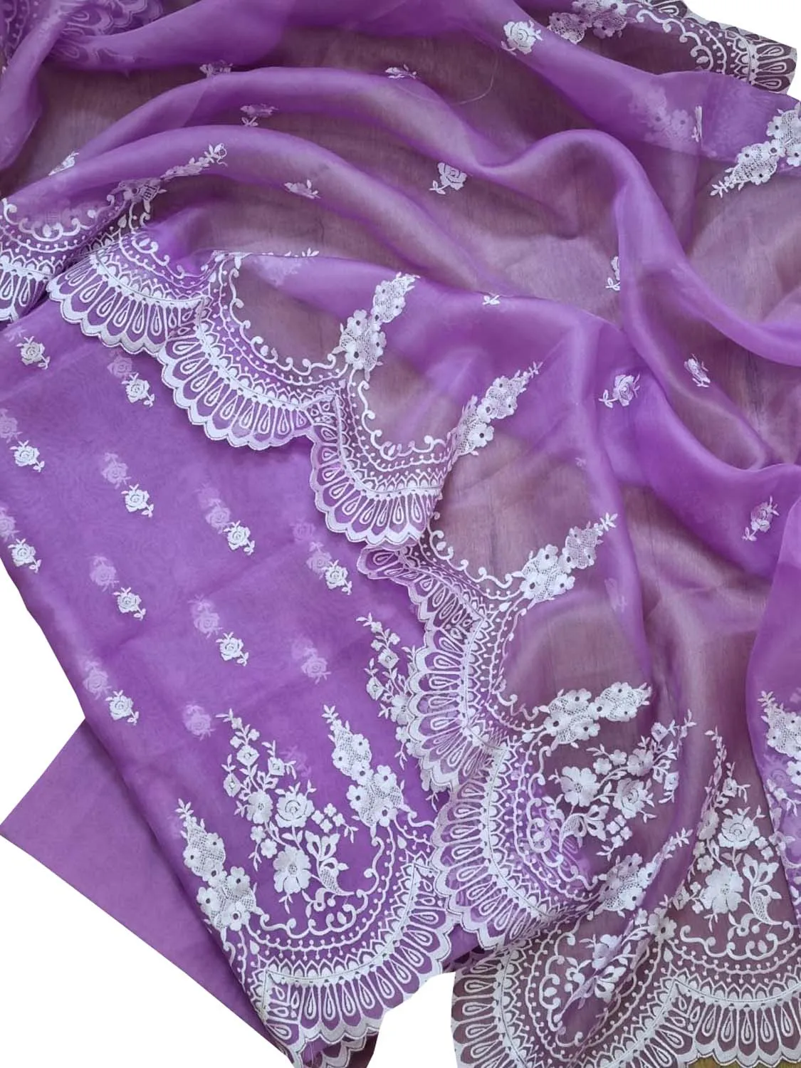 Stunning Purple Banarasi Organza Suit Set with Embroidery - Unstitched