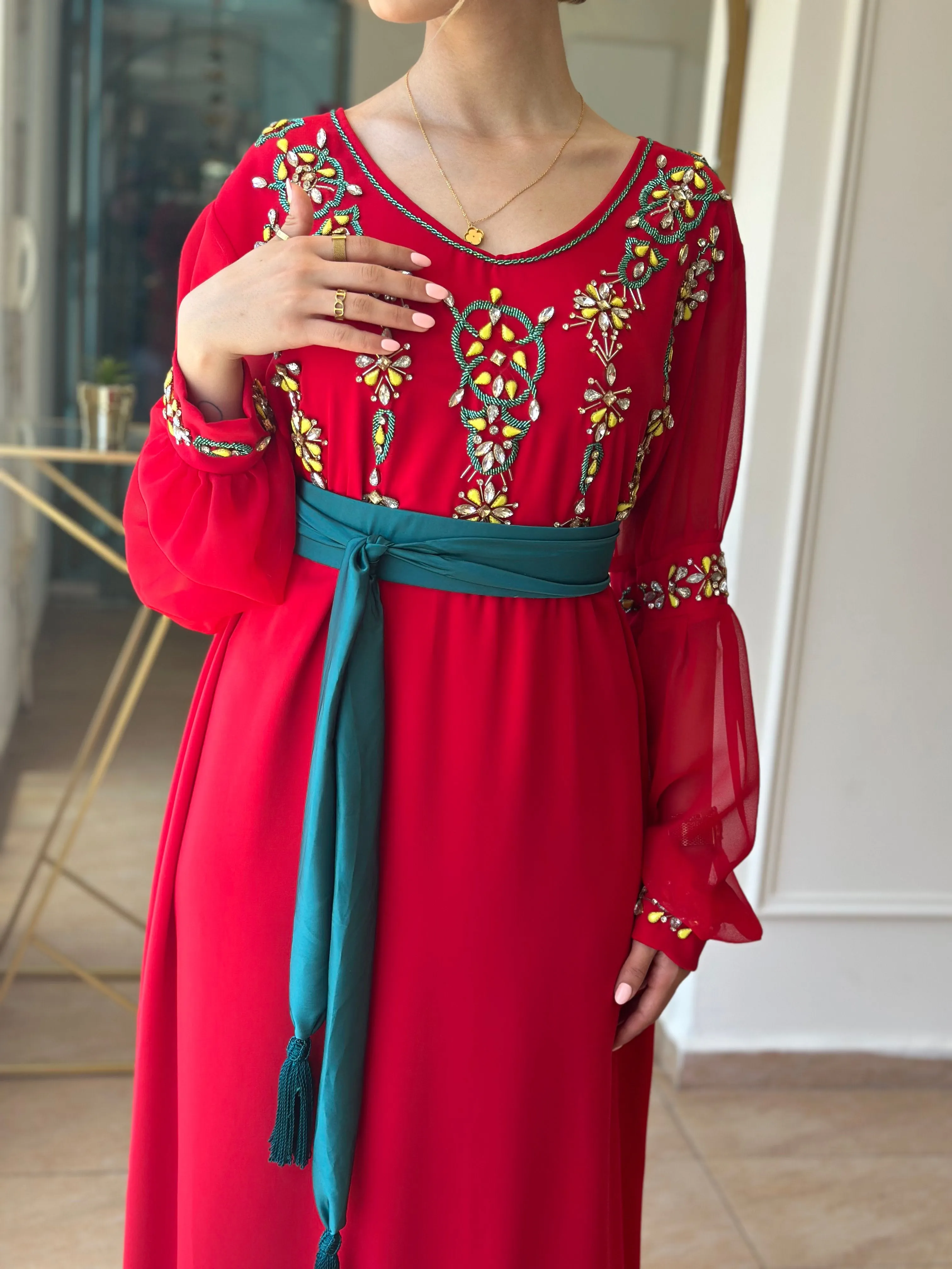 Stunning Red Crepe Dress with Chiffon Sleeves