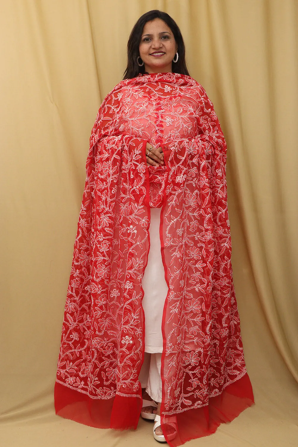 Stunning Red Hand Embroidered Chikankari Georgette Dupatta