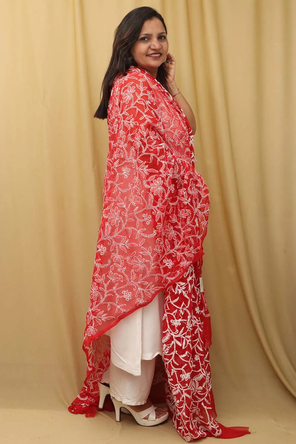 Stunning Red Hand Embroidered Chikankari Georgette Dupatta