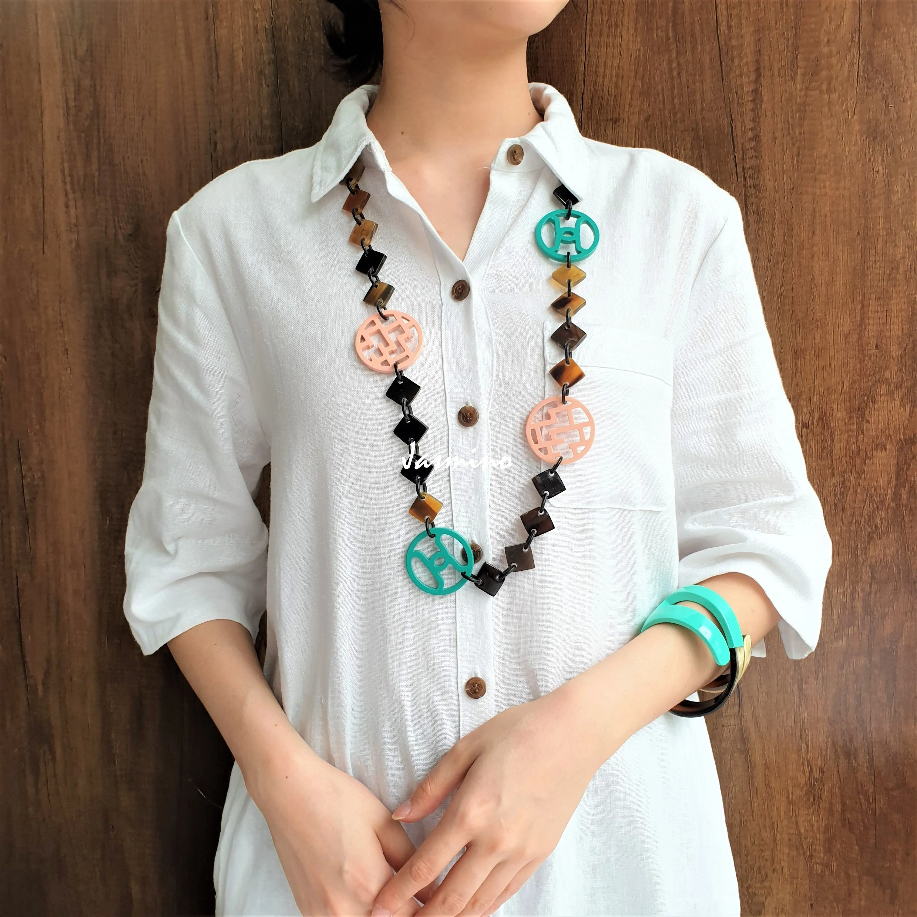 Stunning Trendy Necklace J18214, Handmade Buffalo Horn from Vietnam.