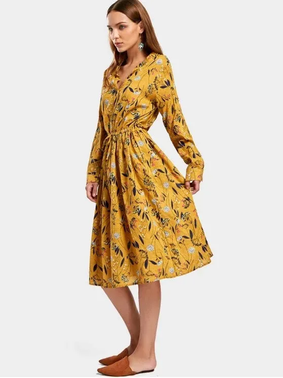 TastyHottie - Stunning Drawstring Waist Long Sleeve Floral Dress