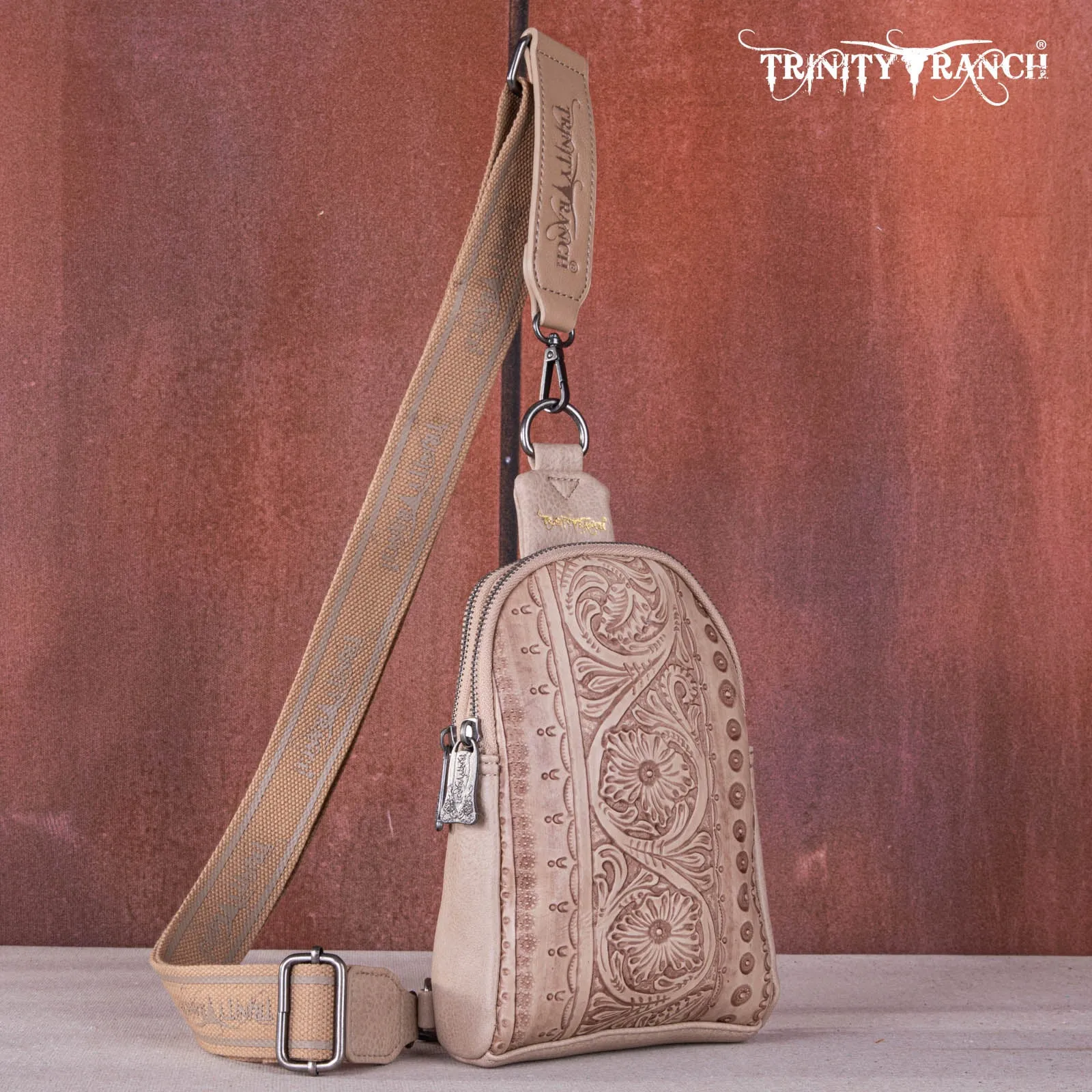TR159-210A Trinity Ranch Floral Tooled  Collection Sling Bag