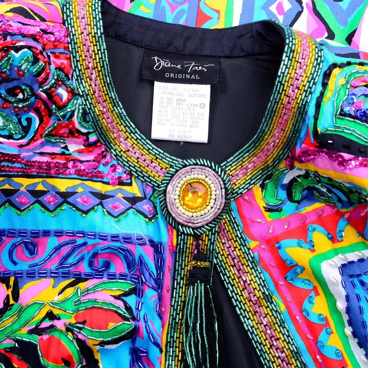 Vintage Diane Freis Beaded Cotton Abstract Print Jacket W Beads and Sequins