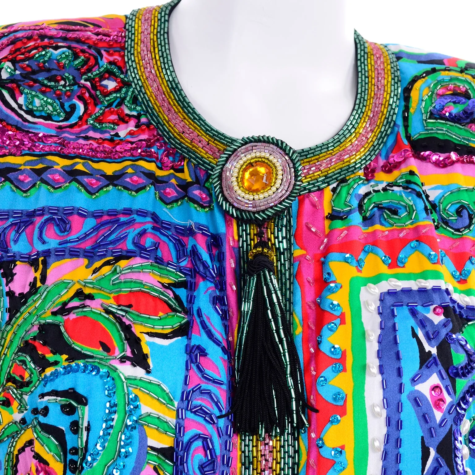 Vintage Diane Freis Beaded Cotton Abstract Print Jacket W Beads and Sequins