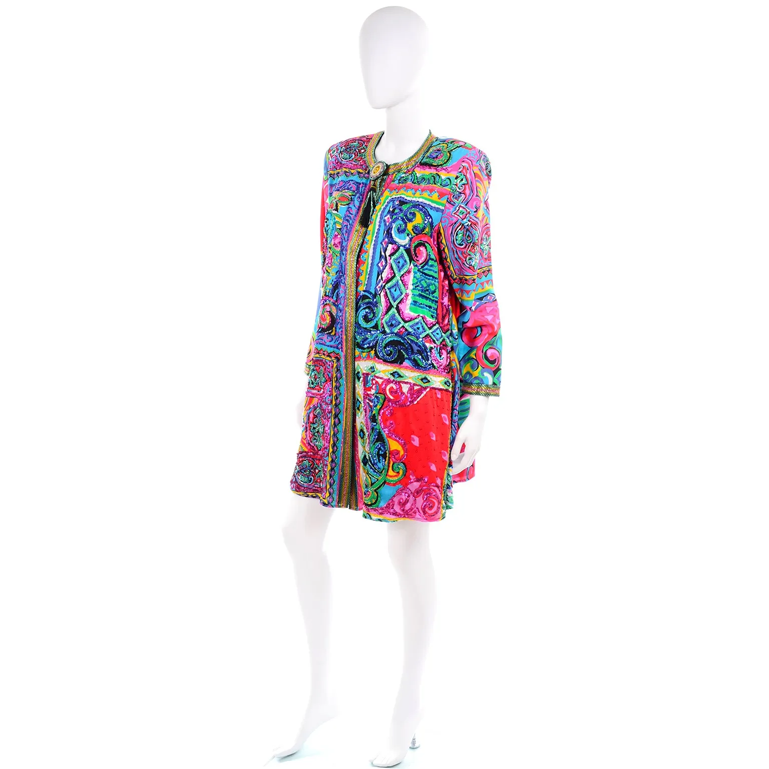 Vintage Diane Freis Beaded Cotton Abstract Print Jacket W Beads and Sequins