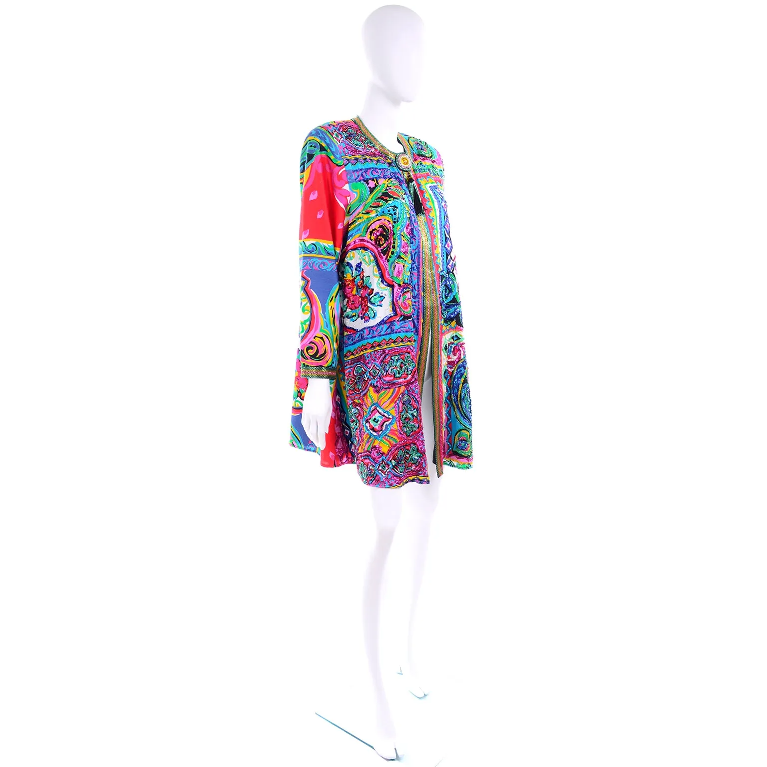 Vintage Diane Freis Beaded Cotton Abstract Print Jacket W Beads and Sequins