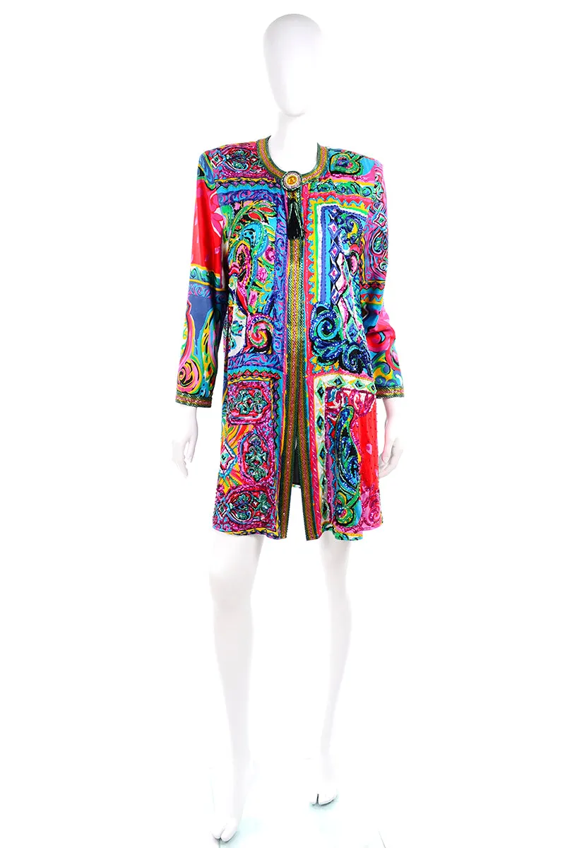Vintage Diane Freis Beaded Cotton Abstract Print Jacket W Beads and Sequins