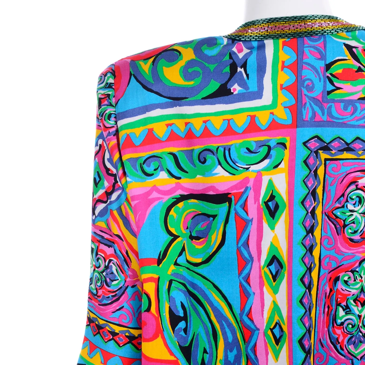 Vintage Diane Freis Beaded Cotton Abstract Print Jacket W Beads and Sequins