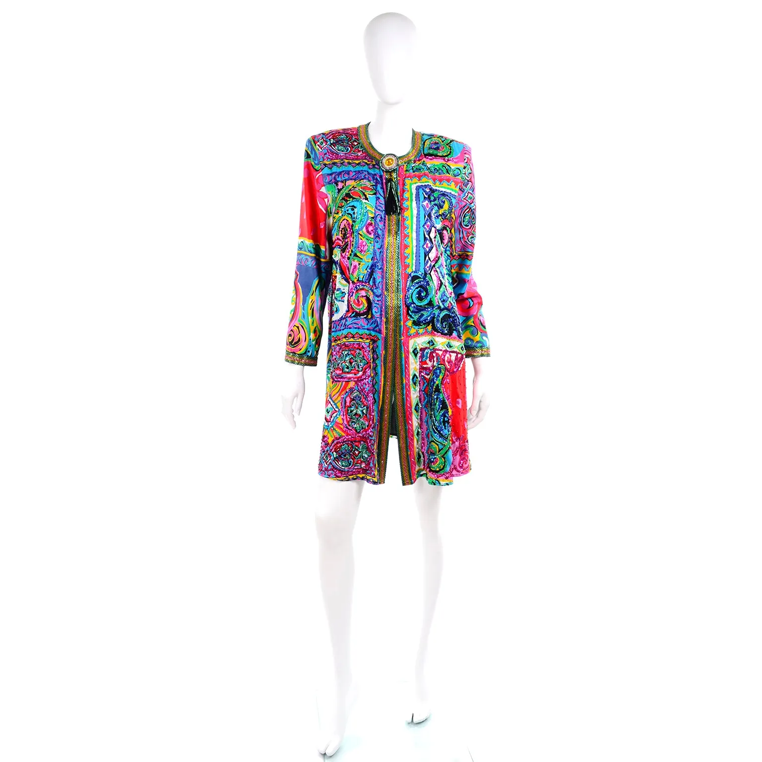 Vintage Diane Freis Beaded Cotton Abstract Print Jacket W Beads and Sequins