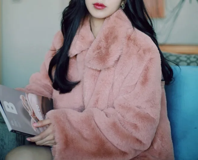 Winter Warm Sweet Cute Girl Fashion Classic Thick Loose Fur Jacket Pink Coat