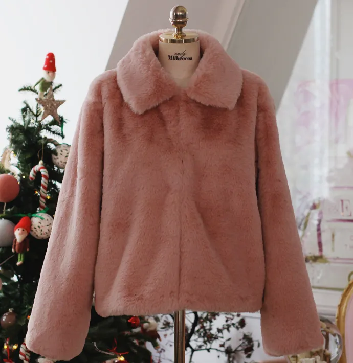 Winter Warm Sweet Cute Girl Fashion Classic Thick Loose Fur Jacket Pink Coat