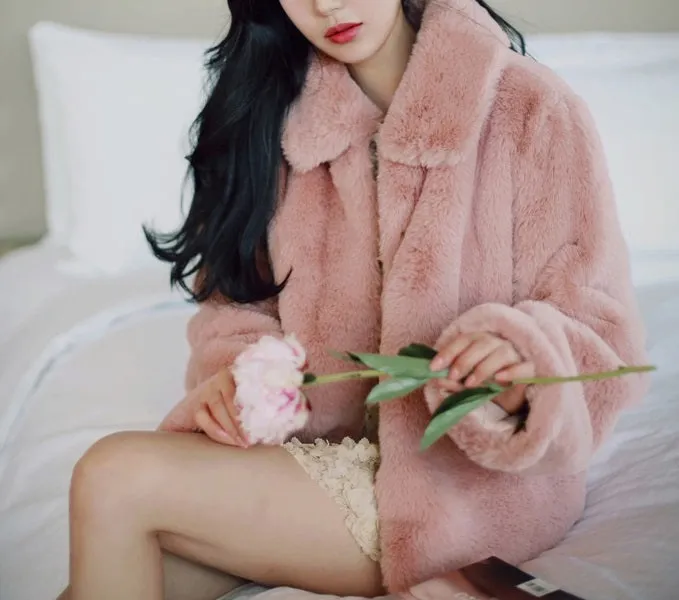 Winter Warm Sweet Cute Girl Fashion Classic Thick Loose Fur Jacket Pink Coat