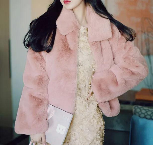 Winter Warm Sweet Cute Girl Fashion Classic Thick Loose Fur Jacket Pink Coat