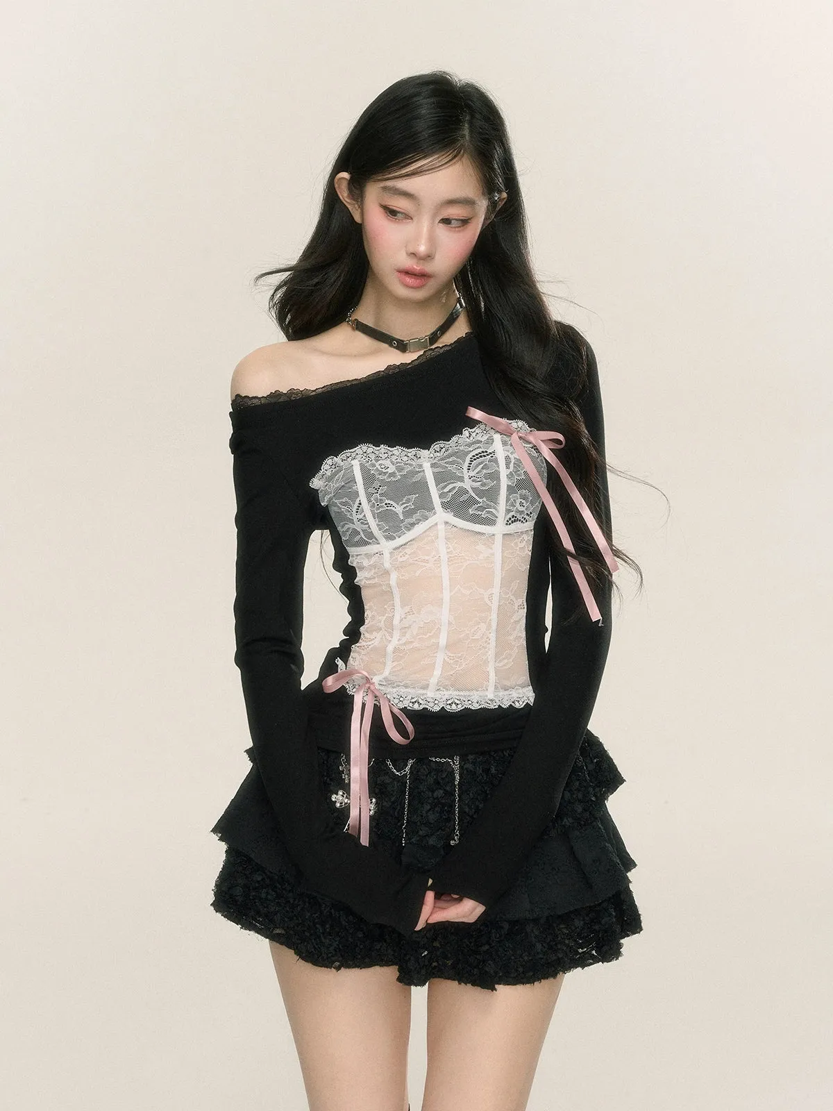 Young Eyes Critical Strike Bow Black Lace Top